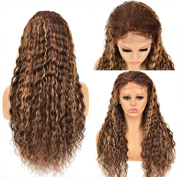 Highlight Water Wave Lace Frontal Human Hair Wigs #4/27 Color Brazilian Pre-plucked Lace Wig