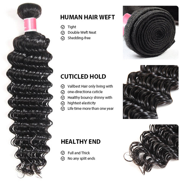 Peruvian Deep Wave Virgin Hair Weave 3 Bundles With 13*4 Lace Frontal
