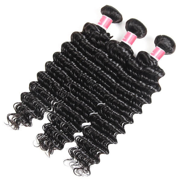 Peruvian Deep Wave Virgin Hair Weave 3 Bundles With 13*4 Lace Frontal