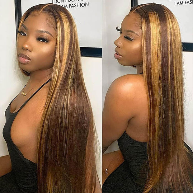 4/27 Highlight Brown Straight Wig 4x4 13x4 13x6 HD Lace Front Wigs Honey Blonde Human Hair Wigs