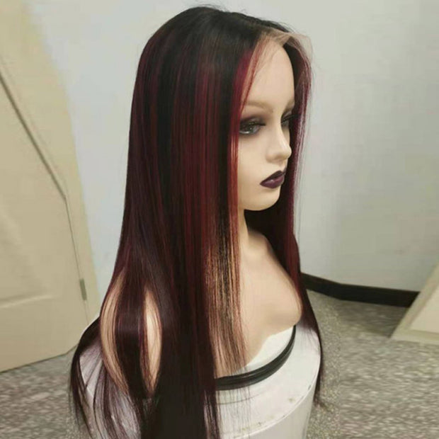 Black Wig With 99J Burgundy Highlight Mixed Colored 13*4/5x5 HD Lace Front Wigs Money Piece Hair