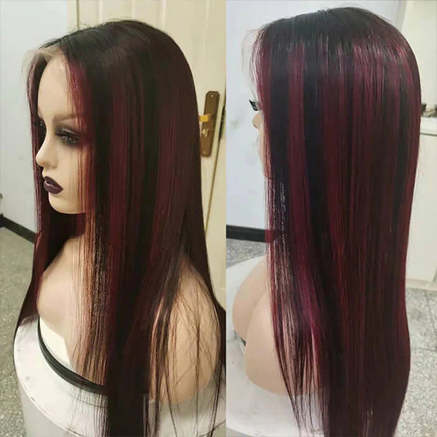 Black Wig With 99J Burgundy Highlight Mixed Colored 13*4/5x5 HD Lace Front Wigs Money Piece Hair