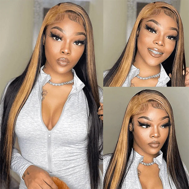 Skunk Stripe Wig With Honey Blonde Highlights Straight Hair HD Lace Front Wigs With Streaks In Front