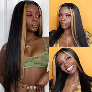 Skunk Stripe Wig With Honey Blonde Highlights Straight Hair HD Lace Front Wigs With Streaks In Front