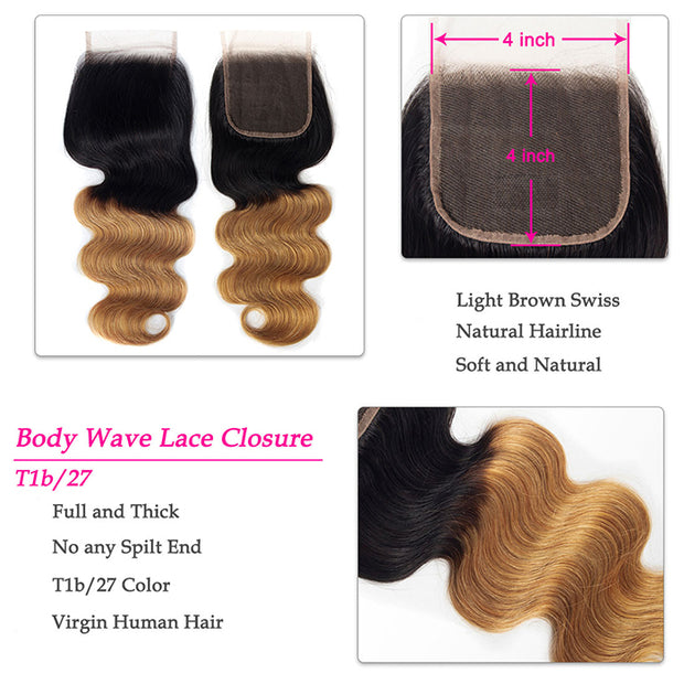 Ombre T1b/27 Body Wave 3 Bundles with Closure Free Part Virgin Human Hair Free Part