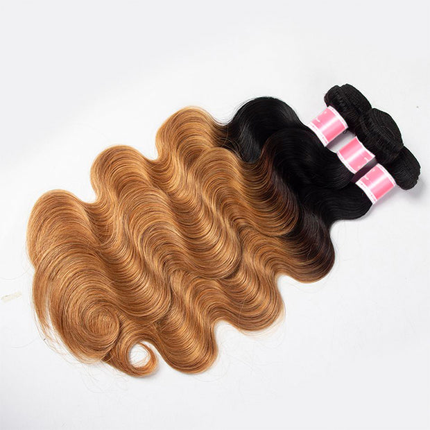 Ombre T1b/27 Body Wave 3 Bundles with Closure Free Part Virgin Human Hair Free Part