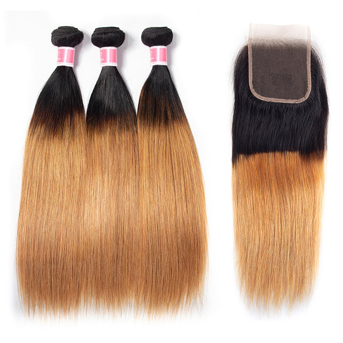 Ombre T1b/27 Straight Hair 3 Bundles with Closure Free Part Virgin Human Hair Free Part