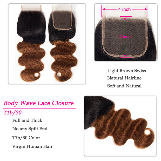 Ombre T1b/30 Body Wave 3 Bundles with Closure Free Part Virgin Human Hair Free Part