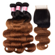 Ombre T1b/30 Body Wave 3 Bundles with Closure Free Part Virgin Human Hair Free Part