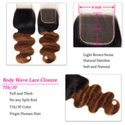 Ombre T1B/30 Body Wave 4x4 Free Part HD Transparent Lace Closure 100% Human Hair