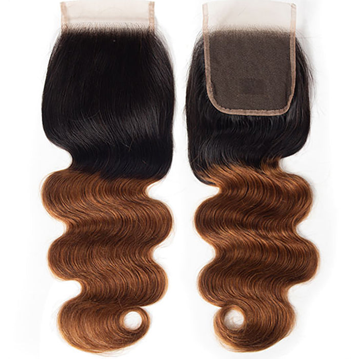 Ombre T1B/30 Body Wave 4x4 Free Part HD Transparent Lace Closure 100% Human Hair