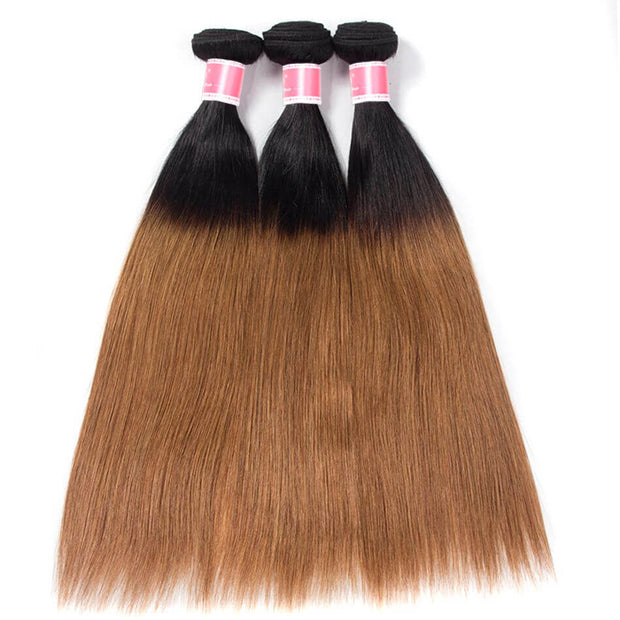 Ombre T1b/30 Straight Hair 3 Bundles with Closure Free Part Virgin Human Hair Free Part