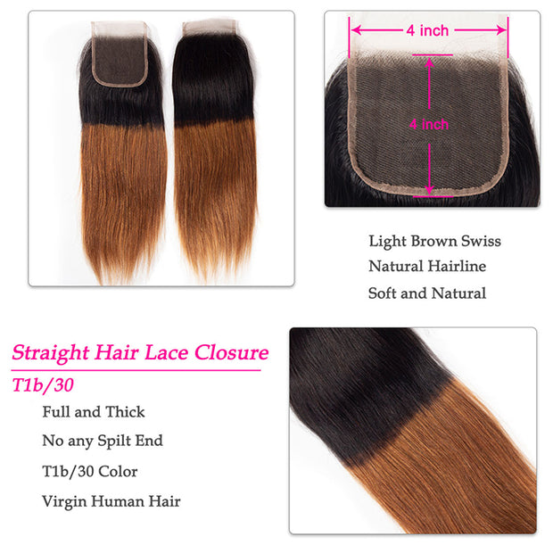 Ombre T1b/30 Straight Hair 3 Bundles with Closure Free Part Virgin Human Hair Free Part