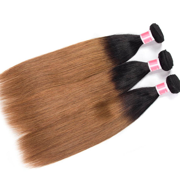 Ombre T1b/30 Straight Hair 3 Bundles with Closure Free Part Virgin Human Hair Free Part