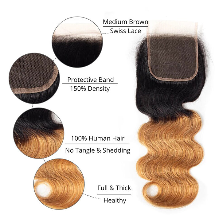 Ombre T1B/27 Body Wave 4x4 Free Part HD Transparent Lace Closure 100% Human Hair Lace Closure