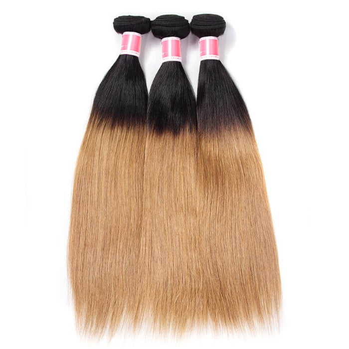 Ombre Peruvian Virgin Straight Hair 3/4 Bundles Deal Two Tone 1B/27 Human Hair Weave Extensions