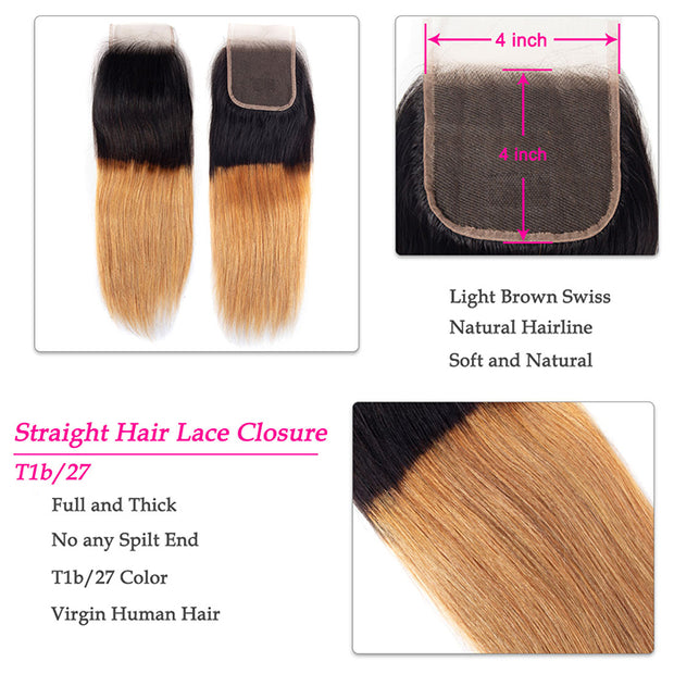Ombre T1B/27 Straight Hair Free Part 4x4 HD Transparent Lace Closure 100% Human Hair Lace Closure