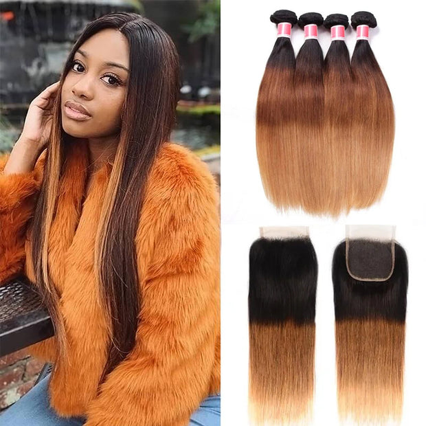 Ombre T1b/4/27 Straight Hair 3 Bundles with Closure 100% Unprocessed Virgin Human Hair Free Part