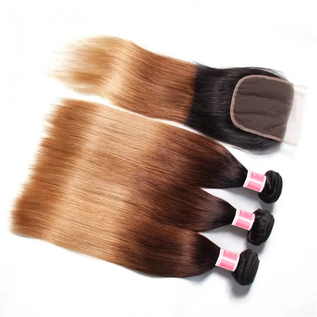 Ombre T1b/4/27 Straight Hair 3 Bundles with Closure 100% Unprocessed Virgin Human Hair Free Part