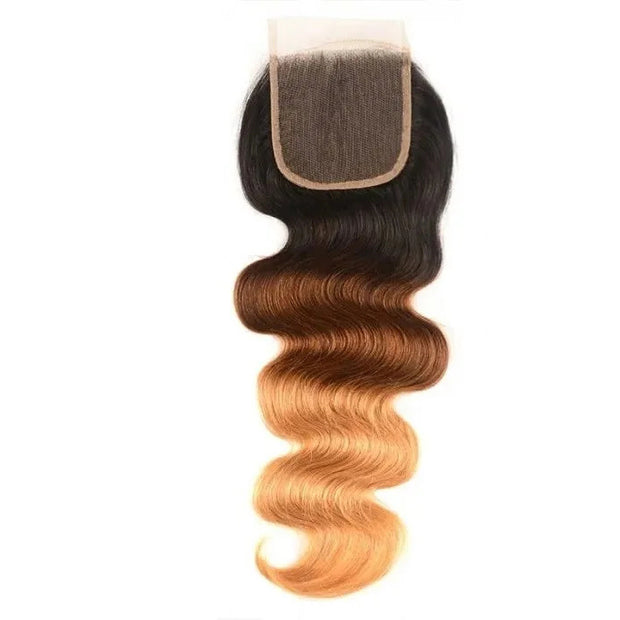 Ombre T1b/4/27 Body Wave 3 Bundles with Closure 100% Unprocessed Virgin Human Hair Free Part