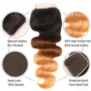 T1B/4/27 Ombre Body Weave Hair Free Part 4x4 HD Transparent Lace Closure Virgin Human Hair