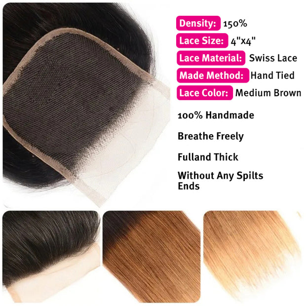 T1B/4/27 Ombre Straight Hair Free Part 4x4 HD Transparent Lace Closure Virgin Human Hair