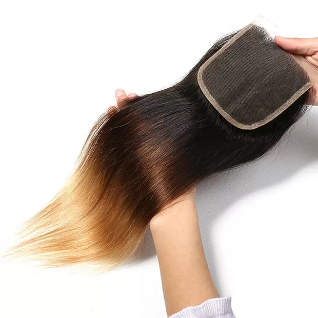 T1B/4/27 Ombre Straight Hair Free Part 4x4 HD Transparent Lace Closure Virgin Human Hair