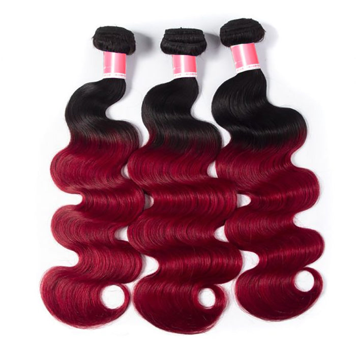 Ombre T1B/99J Brazilian Virgin Body Wave 3/4 Bundles 10A Burgundy Human Hair Weave