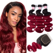 Ombre T1b/99J Body Wave 3 Bundles with Closure Free Part Virgin Human Hair Free Part