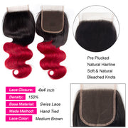 Ombre T1B/99J Body Wave 4x4 Free Part HD Transparent Lace Closure 1 Piece
