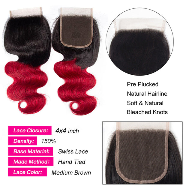 Ombre T1B/99J Body Wave 4x4 Free Part HD Transparent Lace Closure 1 Piece