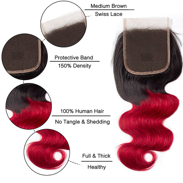 Ombre T1B/99J Body Wave 4x4 Free Part HD Transparent Lace Closure 1 Piece