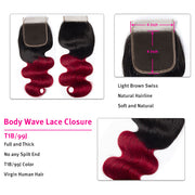 Ombre T1b/99J Body Wave 3 Bundles with Closure Free Part Virgin Human Hair Free Part
