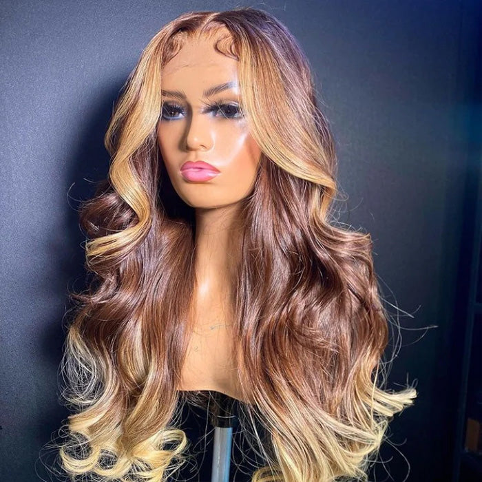 T4/27 Ombre Wigs with Blonde Skunk Stripe Body Wave 13*4/4*4  display picture 1