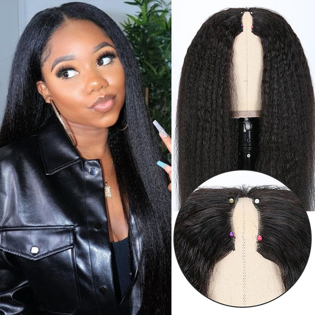 V/U Part Wig Natural Kinky Straight Glueless Wigs 100% Human Hair Meets Real Scalp Natural Density