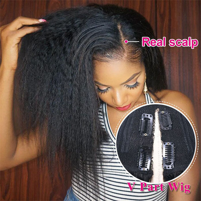 V/U Part Wig Natural Kinky Straight Glueless Wigs 100% Human  display picture 3