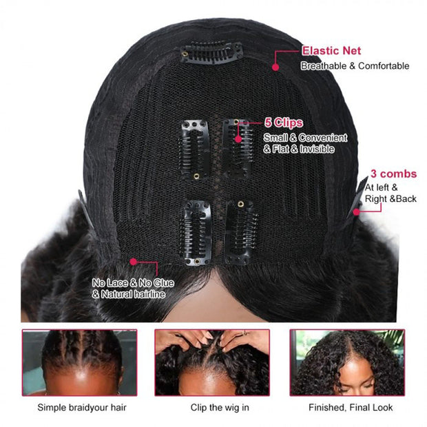 Water Wave V/U Part Human Hair Wigs No Leave Out Beginnger Friendly Easy Install