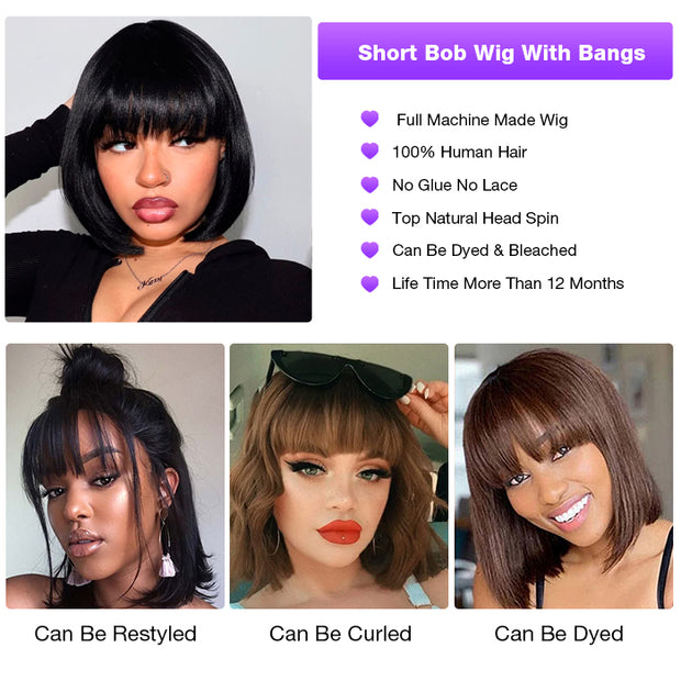 Short Bob Straight Wig With Bangs Glueless None Lace Full Machinemade Human Hair Wigs Quick Install