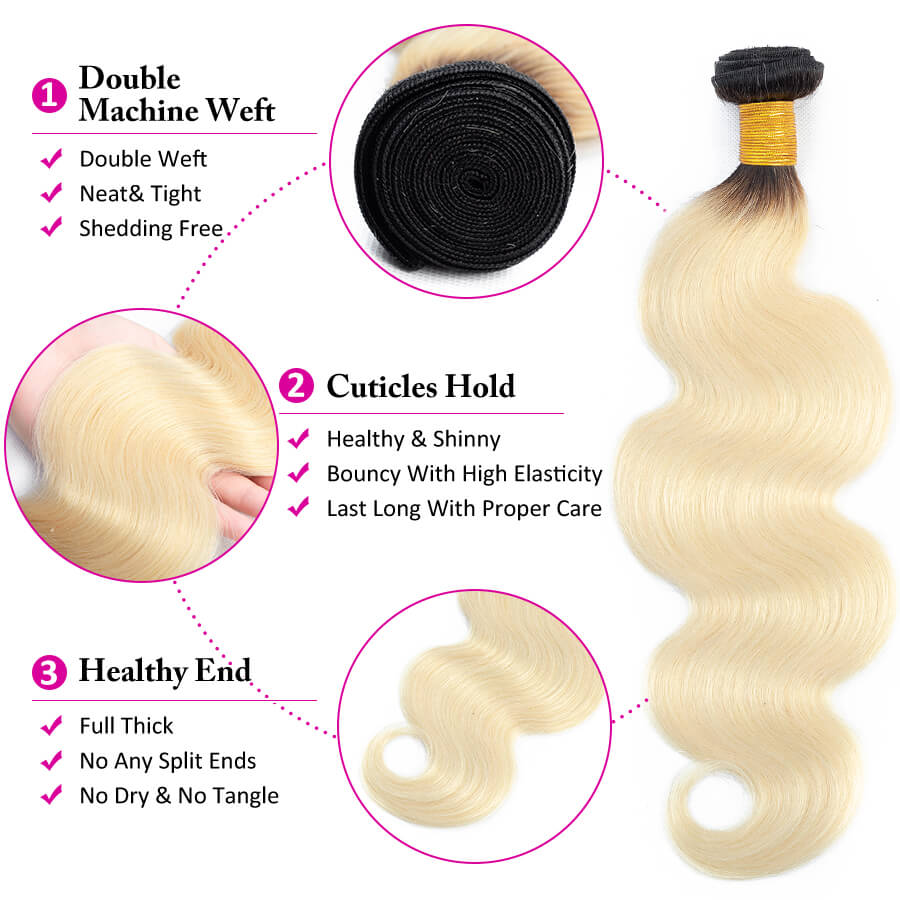 T1b/613 Ombre Blonde Human Hair Weave Brazilian Body Wave 3 Bundles