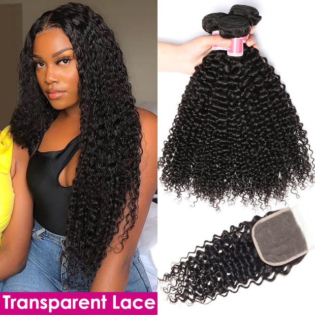Peruvian Curly Hair 3 Bundles With 4x4 Transparent Lace Closure Remy Hair Weave