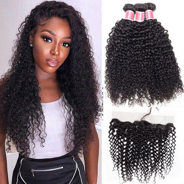 Peruvian Curly Hair Weave 3 Bundles with 13x4 Lace Frontal Ear To Ear