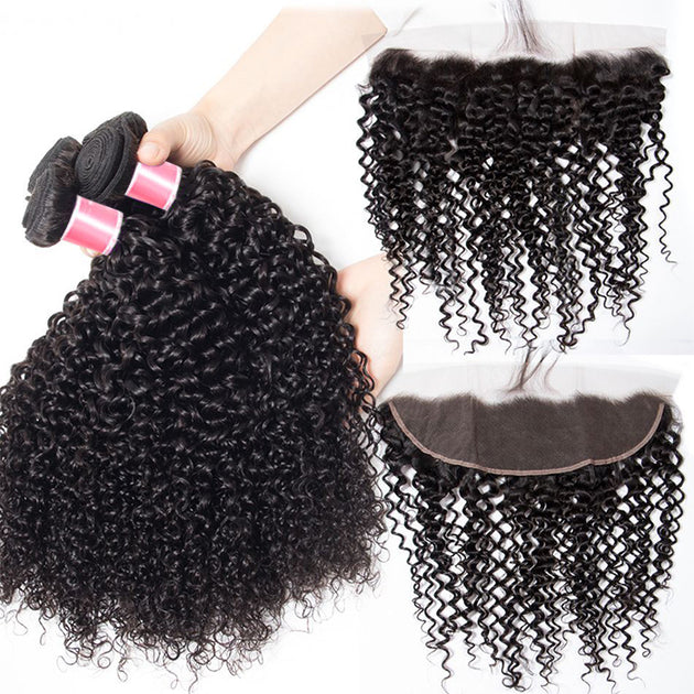Malaysian Curly Hair 4 Bundles With 13X4 Ear To Ear Lace Frontal Natur ...