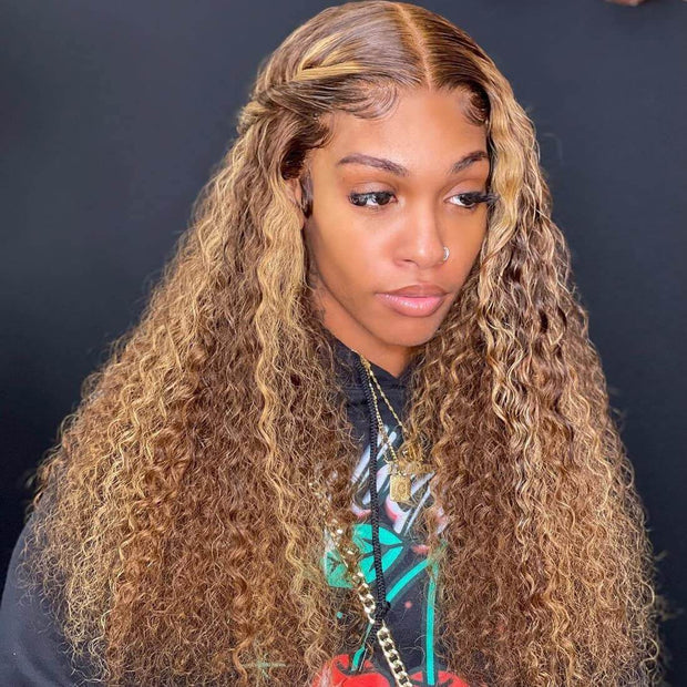 Highlight Curly Lace Front Wigs #4/27 Color Brazilian Remy Human Hair Wig Pre Plucked