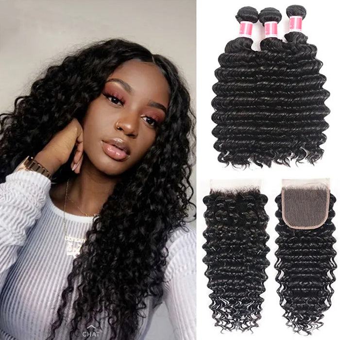 Malaysian Deep Wave 3 Bundles with 4*4 Closure Soft Unprocessed Virgin Human Hair