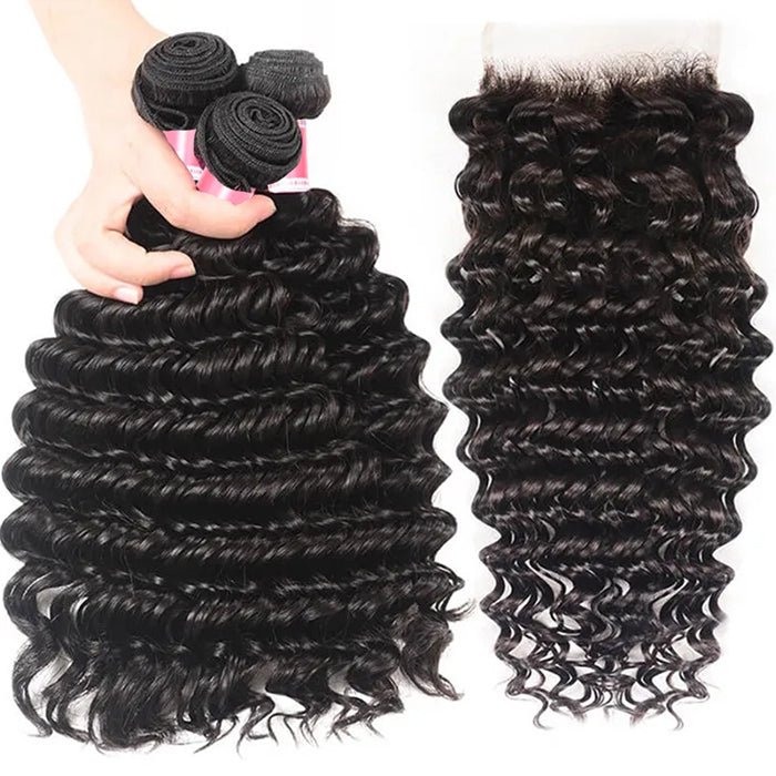 Malaysian Deep Wave 3 Bundles with 4*4 Closure Soft Unprocessed Virgin Human Hair