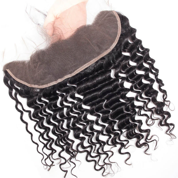 Malaysian Deep Wave 4 Bundles With 13X4 Ear To Ear Lace Frontal Natural Color