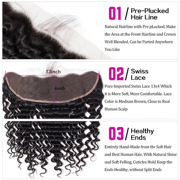 Peruvian Deep Wave Virgin Hair Weave 3 Bundles With 13*4 Lace Frontal