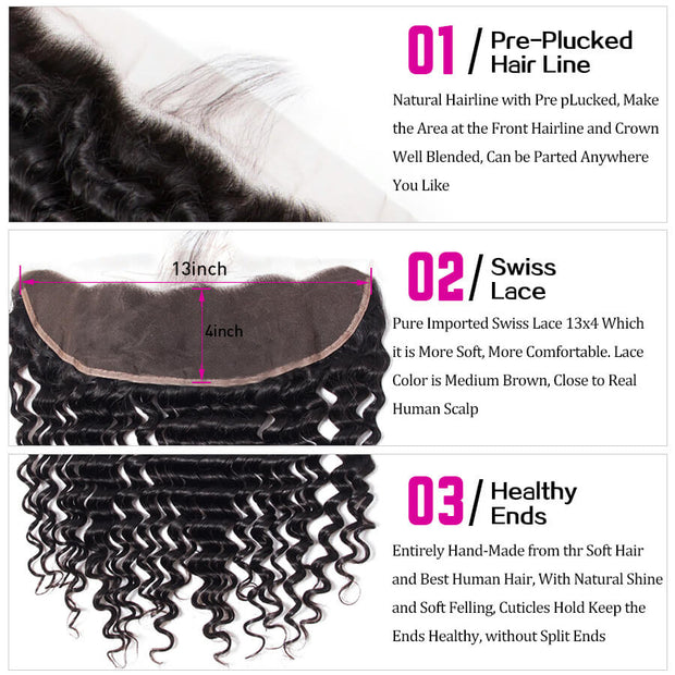 Peruvian Deep Wave 4 Bundles With 13x4 Lace Frontal 10A Virgin Human Hair Bundles With Frontal Deal