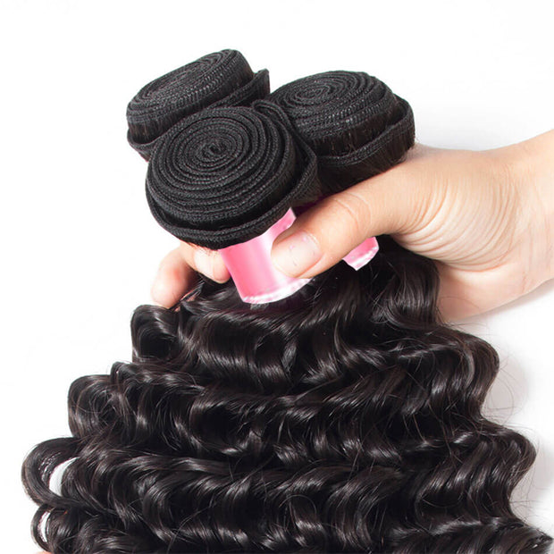 Brazilian Deep Wave Virgin Hair Weave 3 Bundles With 13*4 Lace Frontal