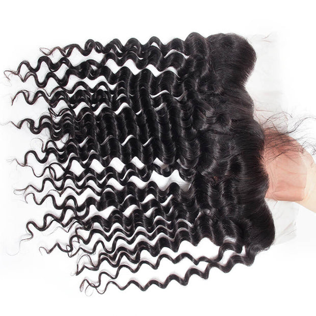 Peruvian Deep Wave Virgin Hair Weave 3 Bundles With 13*4 Lace Frontal